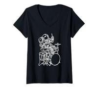 Womens Spaceman Playing Drums Space Drummer Astronaut Rock Musician V-Neck T-Shirt