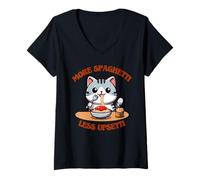 Womens Spaghetti Lover Cat Eating Italy More Spaghetti Less Upsetti V-Neck T-Shirt