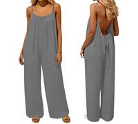 Womens Spaghetti Strap Backless Jumpsuit Summer Sleeveless Jumpsuit for Women Uk Casual Leisure V Neck Jersey Rompers Wide Leg Solid Harem Playsuits Baggy Loose Tank Overall with Pockets