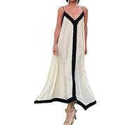 Women's Spaghetti Strap Loose Maxi Dress Contrast Color Backless Evening Dress Beach Holiday Cocktail Wedding Swing Dress, White, S