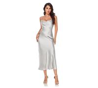 Women's Spaghetti Strap Midi Satin Silk Dresses Slip Cowl Neck Party Cocktail Evening Dress, Grey, M