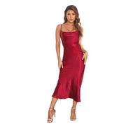 Women's Spaghetti Strap Midi Satin Silk Dresses Slip Cowl Neck Party Cocktail Evening Dress, Wine Red, XL