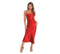 Women's Spaghetti Strap Midi Satin Silk Dresses Slip Cowl Neck Party Cocktail Evening Sexy Dress, Red, M