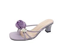Women's Spaghetti Strap Slippers Pearl Flower Flat Bottom Elegant Dress Shoes Summer Temperament Comfort Leaky Toe Evening Wedding Shoes Purple