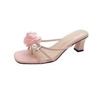 Women's Spaghetti Strap Slippers Pearl Flower Flat Bottom Elegant Dress Shoes Summer Temperament Comfort Leaky Toe Evening Wedding Shoes Pink