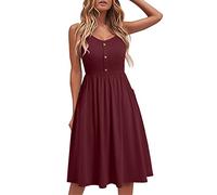 Women's Spaghetti Strap Summer Dress - Knee Length Dresses for Women UK - A Line Summer Midi Dress Ruched Midi Dresses Swing Dresses Summer Light Weight Dress Dresses Size 20 Wrap Dresses Wine