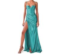Women's Spaghetti Straps Bodice Prom Dresses Satin Sexy Sheath Formal Party Dresses with High Slit Aqua Blue UK12