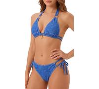 Women's Spaghetti Straps Bra Brief Bikini Set Swimsuit 2 Piece Side Tie Bathing Suit V-Neck Removable Pads Swimwear Dark M