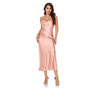 Women's Spaghetti Straps Midi Satin Silk Dresses Slip Waterfall Collar Party Cocktail Evening Sexy Dress, pink, XL