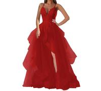 Women's Spaghetti Straps Prom Princess Dresses with Slit Lace Applique Tulle Formal Party Evening Gown Red UK14