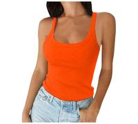 Women's Spaghetti Straps Scoop Neck Ribbed Tank Top Slim Cut Cotton Camisole Basic Sleeveless Layered Shirt Short Vest Wedding Dress, orange, L