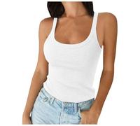 Women's Spaghetti Straps Scoop Neck Ribbed Tank Top Slim Cut Cotton Camisole Basic Sleeveless Layered Shirt Short Vest Wedding Dress, White, L