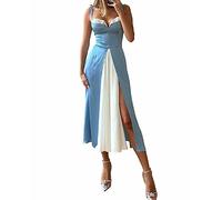 Womens Spaghetti Straps Split Hem Sleeveless A-line Midi Dress High Waist Summer Dress for Party Womens Split Dress Sky Blue