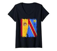 Womens Spain Congo Half Flag Spanish Congolese Pride Jersey V-Neck T-Shirt