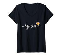 Women's Spain Cursive Typography Heart Flag V-Neck T-Shirt