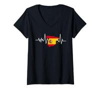 Women's Spain Heartbeat Spanish Flag Map V-Neck T-Shirt