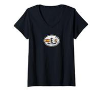 Womens Spain Oval Auto Decal with Flag and Crest Distressed Print V-Neck T-Shirt