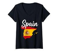 Women's Spain Text Over National Map Flag V-Neck T-Shirt