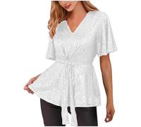 Women's Sparkle Blouses Glitter Sequin Tops Short Bell Sleeve V-Neck Tie Front Peplum Top Tunic Blouse Glitter Sequined Dressy Blouses Festival Party Shining Tees White