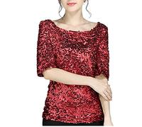 Women's Sparkle Sequin Party Blouse Tops Shimmer Glitter Half Sleeve Dressy Tops Ladies Elegant Blouses Shirts Round Neck Summer Tops UK Clearance