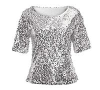 Women's Sparkle Sequin Tops Half Sleeve Glitter Party Shirt Blouse Large Silver-A