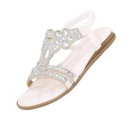 Women's Sparkling Crystal Embellished Sandals Elastic Ankle Strap Flat Sandals Lightweight Beach Casual Shoes (White, 4)