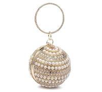 Womens Sparkling Crystal Fringed Ball Shape Evening Clutch Bag (Pearl Studs Gold)