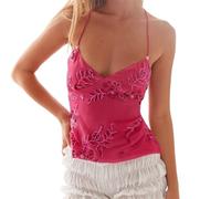 Women's Sparkling Sequin Glitter Top Crystal Pearl Cami with Slim Straps Festive Glam Y2K Shimmer Vest for Parties (Rose Red, L)