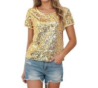 Women's Sparkling Sequin Short Sleeve T-Shirt Round Neck Disco Party Top Everyday Casual Summer Blouse Elegant Night Out Wear Gold