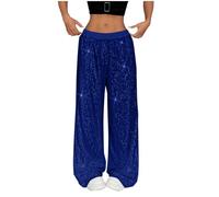 Women's Sparkling Sequin Wide Leg Pants High Waisted Straight Leg Trousers Sparkly Trousers for Club Party Nightclub Evening Glamorous Outfits Glitter Palazzo Pants Streetwear Clubwear Dark Blue
