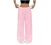 Women's Sparkling Sequin Wide Leg Pants High Waisted Straight Leg Trousers Sparkly Trousers for Club Party Nightclub Evening Glamorous Outfits Glitter Palazzo Pants Streetwear Clubwear Pink