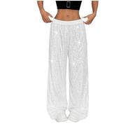 Women's Sparkling Sequin Wide Leg Pants High Waisted Straight Leg Trousers Sparkly Trousers for Club Party Nightclub Evening Glamorous Outfits Glitter Palazzo Pants Streetwear Clubwear White