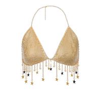 Women's Sparkly Bikini Crop Top Vest Crystal Tassel Lingerie Golden Shining Exotic Costume Backless Cami Halter Lingerie Top, Golden