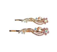 Womens Sparkly Bow Rhinestone Jeweled Crystal Diamante Party Birthday Bridal Wedding Accessories Slides Hairpin Hair Clips Grips Bobby Pins Set of 2 Gold Tone Butterfly Waves Swirls Daisy Pink