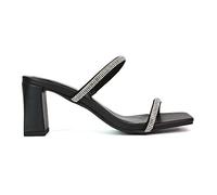 Womens Sparkly Diamante Double Strap Sandals Ladies Black Block Heel Slip On Mule Shoes Size 6