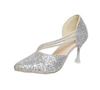 Women's Sparkly Glitter Sandals Pointed Toe Stiletto Heel Shoes Cross Straps on the Neck Open Sides Roman Style Dress Chic and Elegant Evening Party Ceremony, 01 Silver, 8 UK