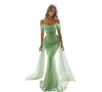 Women's Sparkly Mermaid Prom Dresses Sequin Off Shoulder Detachable Train Formal Evening Dresses Long Trailing Ball Gown Sage Green XXS