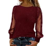 Women's Sparkly Mesh Long Sleeve Top Elegant Sexy Sheer Glitter Blouse Ladies Party Going Out Tops Christmas New Year's Eve Outfit Glitter Sequin Festival Shirt for Ladies (Red, XL)