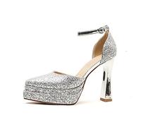 Women's Sparkly Pointed Toe Chunky Heel Pumps - 4.5 Inch High Heels for Cocktail Parties, Bridal & Work, Block Heel Dress Shoes,Silver,4 UK