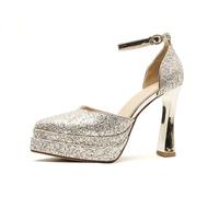 Women's Sparkly Pointed Toe Chunky Heel Pumps - 4.5 Inch High Heels for Cocktail Parties, Bridal & Work, Block Heel Dress Shoes,Gold,3 UK