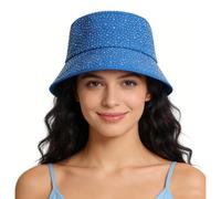 Women's Sparkly Rhinestone Bucket Hat Bling Packable Summer Outdoor Vacation Sun Hat Fisherman Cap, Deep Blue, One Size