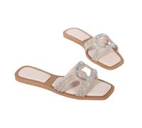 Women's Sparkly Rhinestone Sandals - Square-Toe Flat Summer Slides for Weddings, Work, Shopping & Vacations - Outdoor/Indoor Flip-Flops,White,6.5 UK