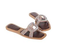 Women's Sparkly Rhinestone Sandals - Square-Toe Flat Summer Slides for Weddings, Work, Shopping & Vacations - Outdoor/Indoor Flip-Flops,Brown,6.5 UK