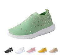 Women's Sparkly Rhinestone Shoes Size 4 Breathable & Lightweight Mesh Slip on Walking Shoes Glitter Sneaker for Casual Walking Working Shopping Ladies Green Footwear