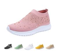Women's Sparkly Rhinestone Shoes Size 7.5 Breathable & Lightweight Mesh Slip on Walking Shoes Glitter Sneaker for Casual Walking Working Shopping Ladies Pink Footwear