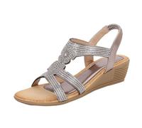 Womens Sparkly Rhinestone Wedge Sandals Summer Dressy Open Toe Walking Shoes Elastic Slingback Evening Party Holiday Sandals Grey