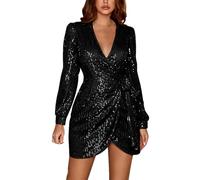 Women's Sparkly Sequin Dress - Tie Front V-Neck Bodycon Wrap Mini for Cocktail Party, Wedding Guest, Bridesmaid - Long Sleeve Elegant Glitter Evening Club Formal Wear