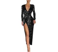 Women's Sparkly Sequin Dress V-Neck High Split Bodycon Long Sleeve Wrap Midi Cocktail Party Dresses Ladies Elegant Wedding Guest Bridesmaid Dress Sparkly Glitter Evening Club Wrap Formal Dress