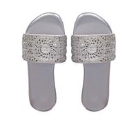Women's Sparkly Sequin Flat Sandals Casual Beach Dress Shoes Comfortable Open Square Toe Slip-On Slide Sandals (Silver, 9)