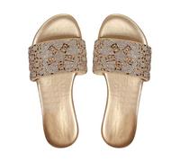 Women's Sparkly Sequin Flat Sandals Casual Beach Dress Shoes Comfortable Open Square Toe Slip-On Slide Sandals (Beige, 9)